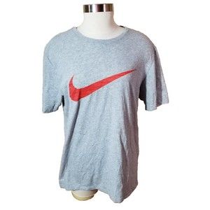 Nike Gray Short Sleeve T Shirt Tee Red Swoosh Athletic Dri Fit Men Sz XL Unisex